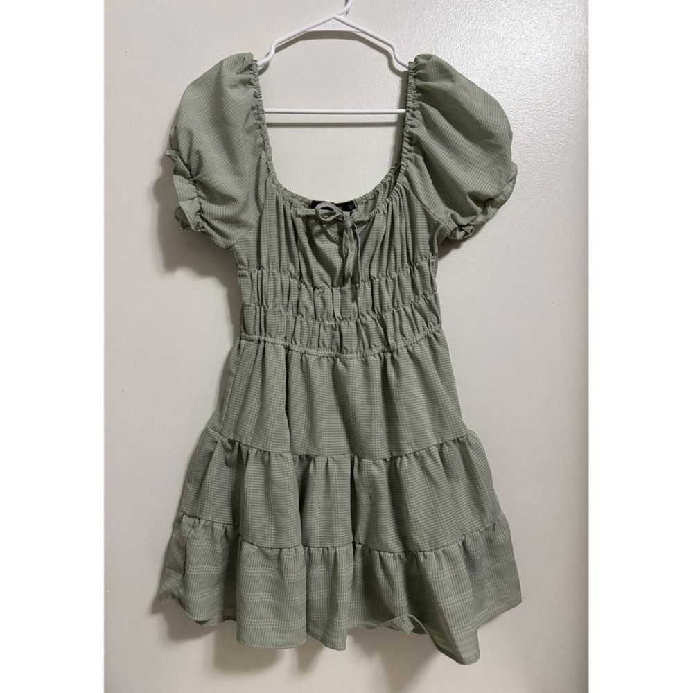 Sage Green Puff Sleeve Tiered Mini Dress